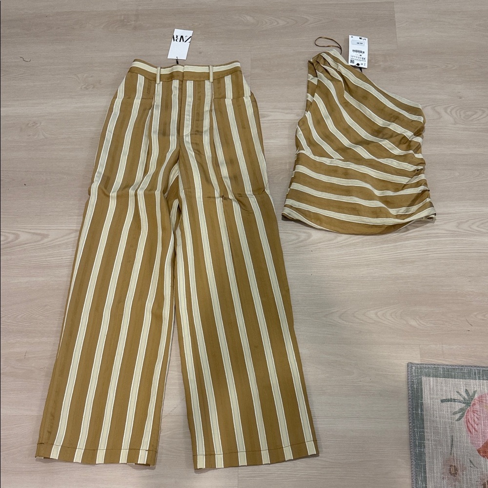 Zara Tan and Cream Striped Wide Leg Pants